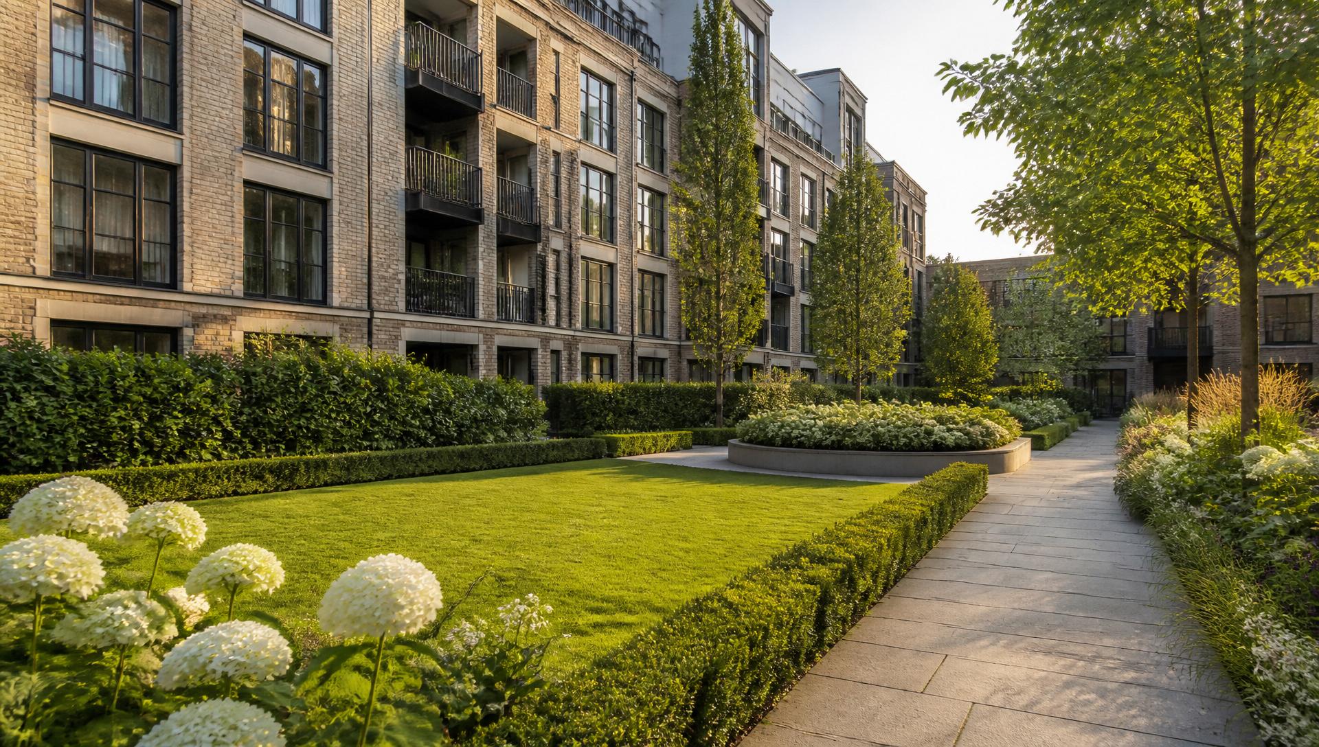 Immaculate landscaped grounds outside a modern London apartment development