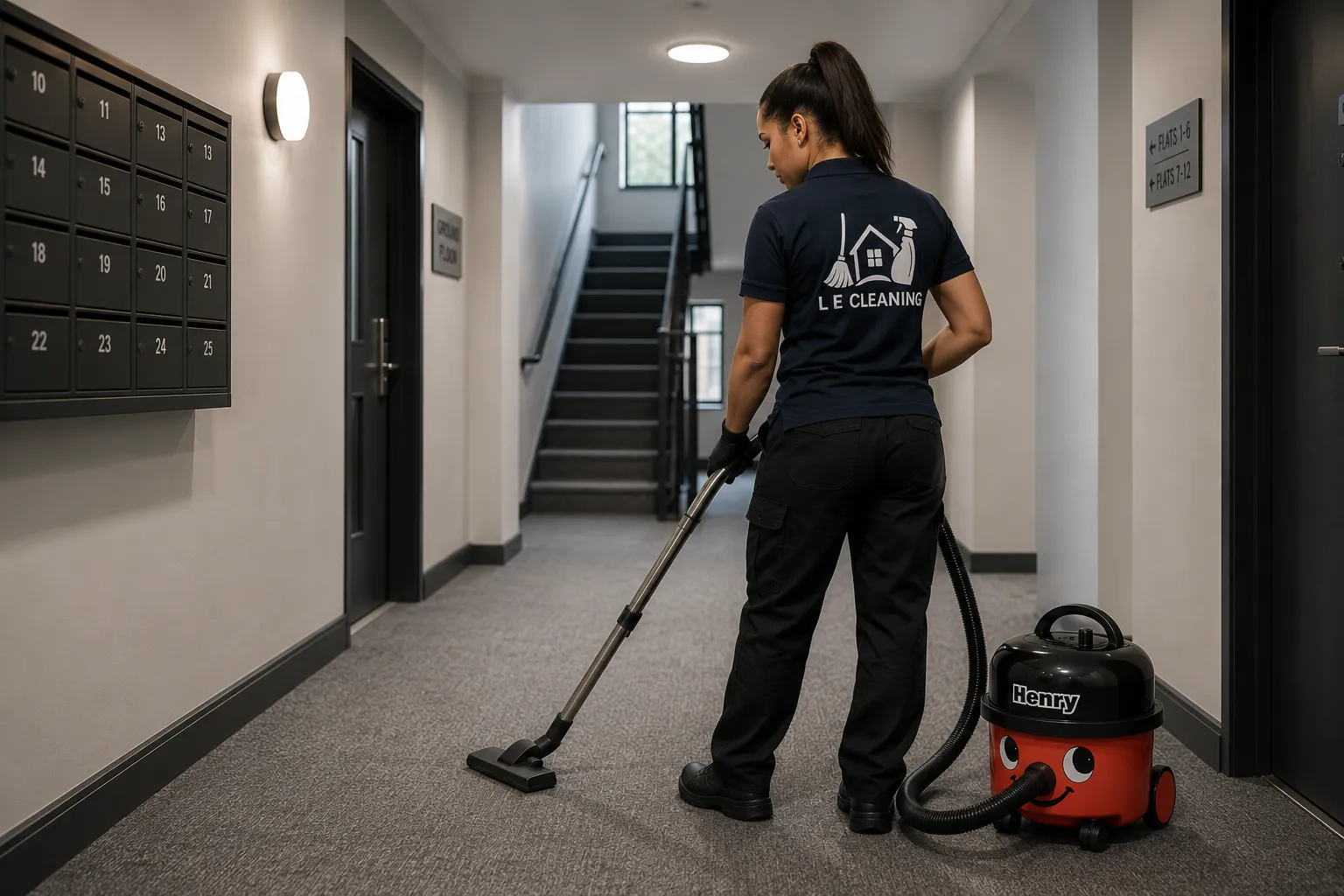 L E Cleaning operative vacuuming a communal hallway in a London apartment block