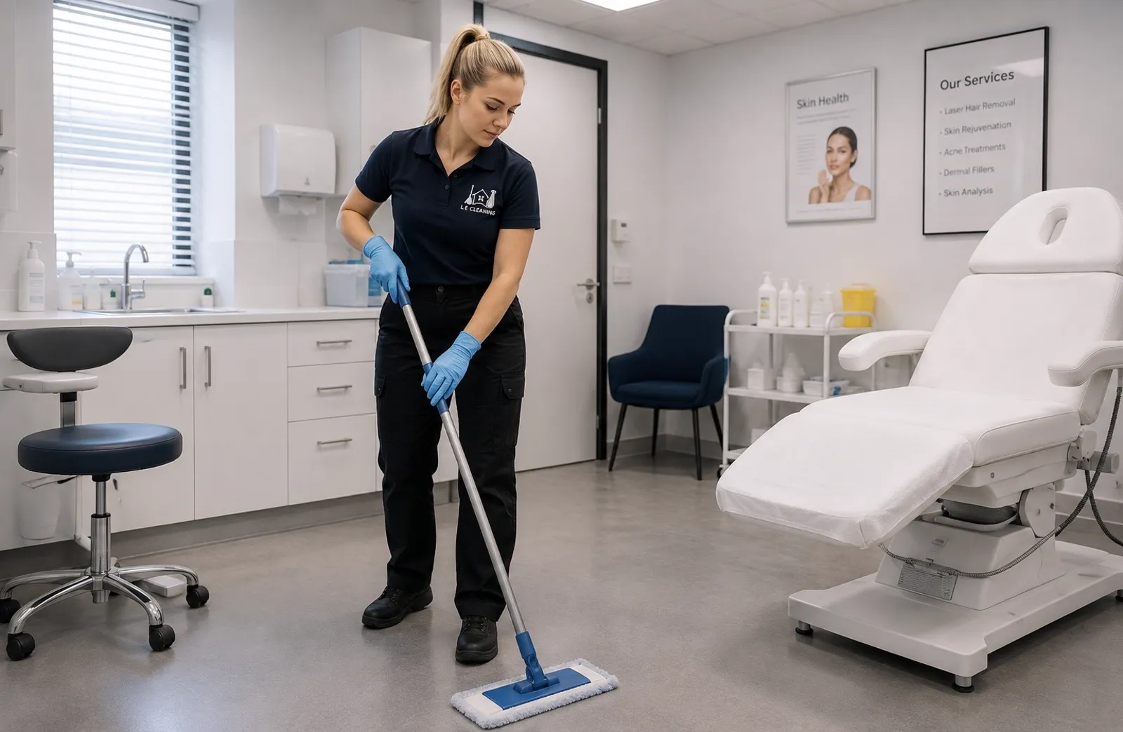 L E Cleaning cleaner mopping a London clinic treatment room