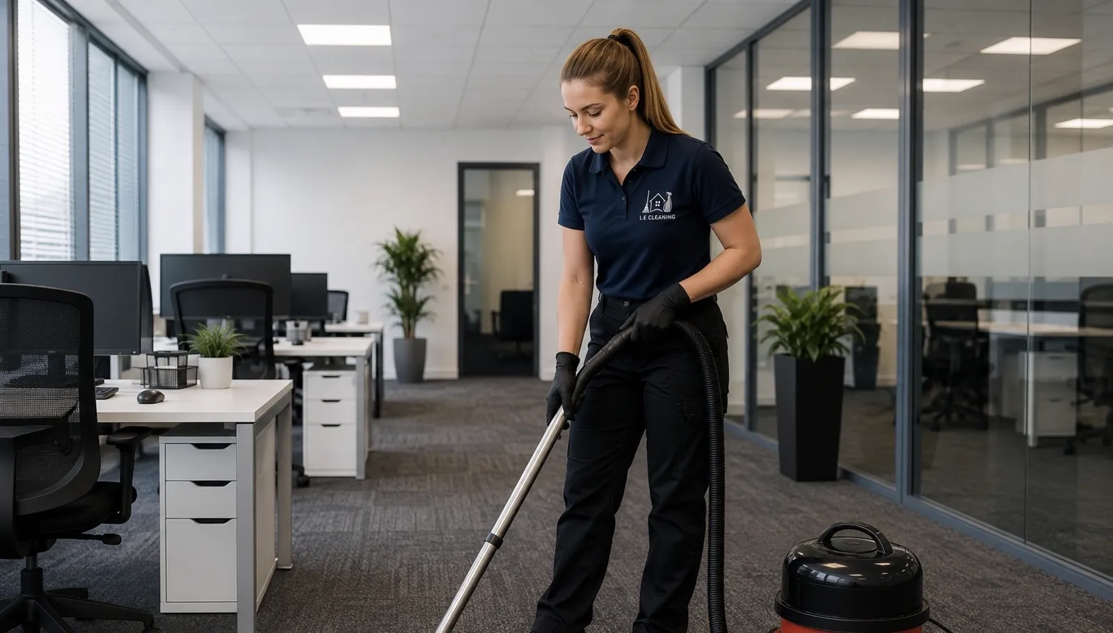 L E Cleaning office cleaner vacuuming a London workspace